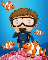 Homem, mergulhar subaquático, com, muitos, clownfish vetor