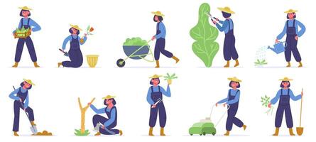 jardim trabalhador. fêmea jardineiro plantio, rega e crescendo brotos, jardim trabalho com agricultura ferramentas. agricultura jardineiro vetor ilustrações