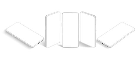 isométrico branco Smartphone brincar. Móvel aplicativo apresentação modelo, smartphones tela e moderno Móvel telefone perspectiva Visão realista 3d vetor definir. telefone modelo cliparts pacote