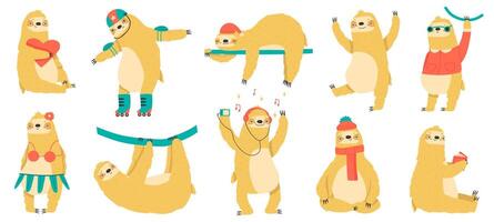 engraçado preguiças. fofa mão desenhado preguiçoso animais, engraçado tropical mamíferos, adorável bicho-preguiça mascotes vetor ilustração definir. selva floresta tropical preguiças