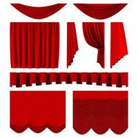 vermelho etapa cortinas. realista teatro etapa decoração, dramático vermelho luxuoso cortinas. escarlate seda veludo cortinas vetor ilustração conjunto