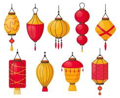 ásia lanternas. chinês tradicional vermelho papel lâmpadas, japonês ou chinês rua decoração. oriental festival lanternas isolado vetor símbolos