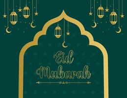 feliz eid Mubarak celebração, feriado cartão com crescente lua e dourado lanterna, sólido cor fundo vetor