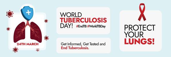 mundo tuberculose dia. 24 marcha mundo tb dia celebração social meios de comunicação bandeira com diferente rótulos, adesivos sobre tb conhecimento. proteger seu pulmões, pegue informado, pegue testado e fim tb. vermelho fita. vetor