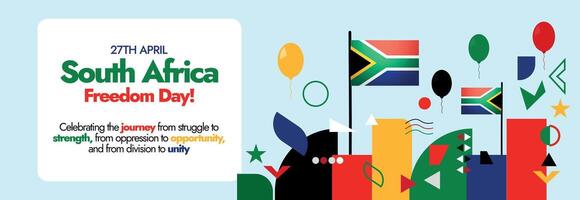 sul África liberdade dia. Dia 27 abril sul África liberdade dia celebração cobrir com africano bandeira, balões, e geométrico ícones. África nacional ou independência dia vetor cobrir.