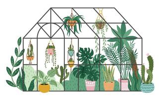 plantio estufa. vidro laranjal, botânico jardim estufa, flores e em vaso plantas casa jardinagem isolado vetor ilustração