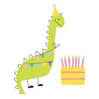 feliz aniversário cartão com dinossauro. fofa ilustração com dino e bolo. vetor ilustração isolado em branco fundo.