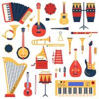 musical instrumentos. desenho animado rabisco música guitarra, bateria, piano sintetizador e harpa, jazz banda musical instrumentos vetor ilustração conjunto