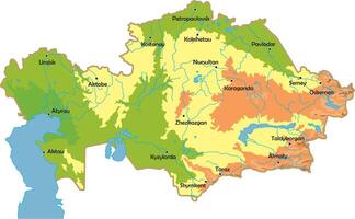 vetor fisica mapa do Cazaquistão. Estado dentro central Ásia, território com montanhas, rios, estepes e vales. Cáspio mar.