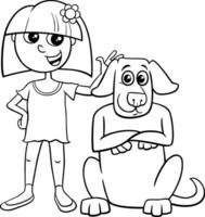 desenho animado adolescente menina com cachorro personagem coloração página vetor