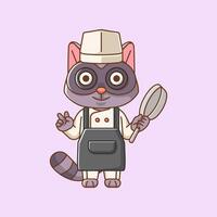 fofa guaxinim chefe de cozinha cozinhar servir Comida animal chibi personagem mascote ícone plano linha arte estilo ilustração conceito desenho animado vetor