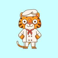 fofa tigre chefe de cozinha cozinhar servir Comida animal chibi personagem mascote ícone plano linha arte estilo ilustração conceito desenho animado vetor