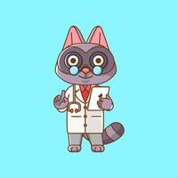 fofa guaxinim médico médico pessoal chibi personagem mascote ícone plano linha arte estilo ilustração conceito desenho animado vetor