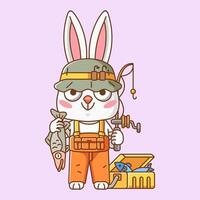 fofa Coelho pescador pescaria animal chibi personagem mascote ícone plano linha arte estilo ilustração conceito desenho animado vetor