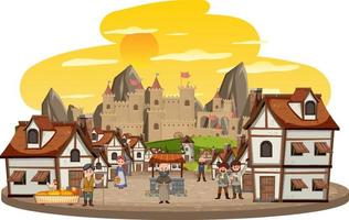 vila medieval com aldeões em fundo branco vetor