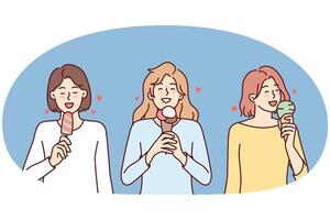 meninas comer gelo creme para legal baixa durante verão andar ou satisfazer seus fome com rua Comida vetor
