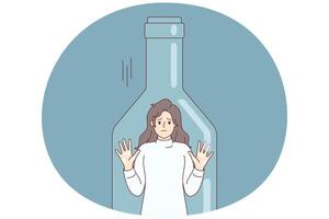 depressivo mulher em pé dentro transparente garrafa hipócrita pegue Fora vencimento para álcool Abuso. vetor imagem