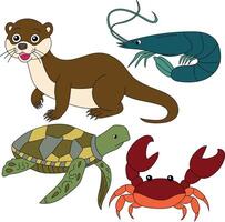 aquático animais clipart definir. caranguejo, lontra, camarão, mar tartaruga vetor