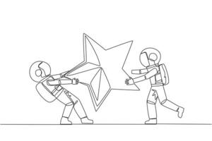 solteiro 1 linha desenhando dois Bravo astronauta brigando sobre a estrela. a conceito do brigando para brilhante empregados para a progresso do a empresa. espaço. contínuo linha Projeto gráfico ilustração vetor