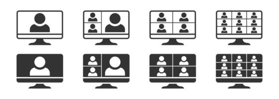 vídeo conferência ícones definir. conectados trabalhos ícone. pessoas em computador tela. vetor ilustração.
