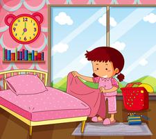 Menina, cama fazendo, em, cor-de-rosa, quarto vetor