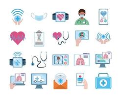 médico online, médico consultor de tecnologia conjunto de ícones médicos, ícone de estilo simples vetor