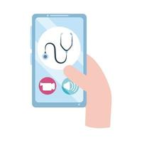 médico online, mão com consultor de aplicativo de smartphone médico covid 19, ícone de estilo simples vetor