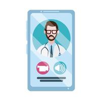 médico on-line, médico consultor de videochamada de smartphone proteção médica covid 19, ícone de estilo simples vetor