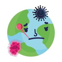 desenho animado do mundo triste com termômetro covid 19 pandemia de coronavírus vetor