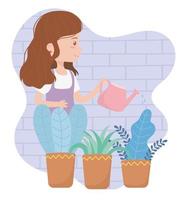 fica em casa, jovem mulher com regador e vasos de plantas jardinando vetor