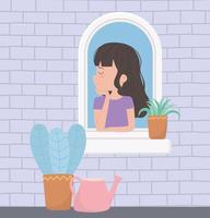 fique em casa, mulher sorridente na janela com regador e vasos de plantas vetor