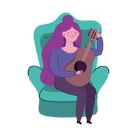 mulher sentada com ícone isolado de guitarra no fundo branco vetor