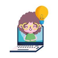 menina criança com laptop e desenho vetorial de lâmpada vetor
