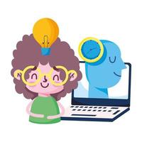 menina criança com laptop head clock e light bulb vector design