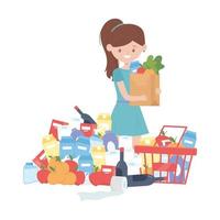 mulher fazendo compras com cesta de sacola e design de vetor de produtos