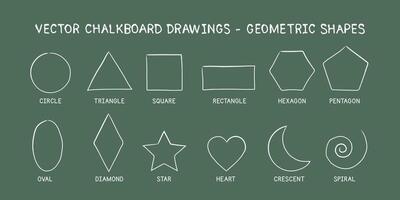 super simples geométrico formas desenhado à mão estilo vetor Projeto. quadro-negro simples rabisco desenhos. círculo, triângulo, quadrado, retângulo, hexágono, Pentágono, oval, diamante, estrela, coração, crescente, espiral