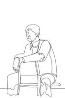 homem senta incorretamente em a cadeira, a cara virou a cadeira costas e Sentou com dele pernas separado. ele guardada dele braços sobre a costas do a cadeira - 1 linha desenho. informal cadeira sentado vetor