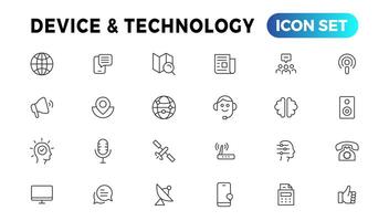 dispositivo e em formação tecnologia linha ícones coleção. grande ui ícone conjunto dentro uma plano Projeto. fino esboço ícones pacote vetor