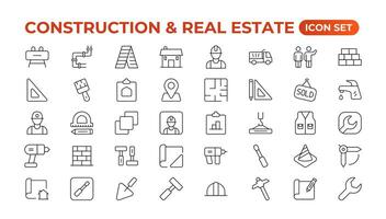 real Estado e construção linha ícones definir. real Estado esboço ícones coleção. compra e venda do habitação, construtor, guindaste, aluguel do instalações, seguro, realidade, medir, ferramenta. fino linha ícone. vetor