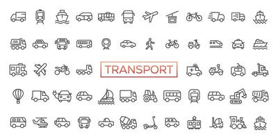transporte fino linha ícones definir. veículo ícones. transporte símbolos coleção. transporte tipos. vetor ilustração
