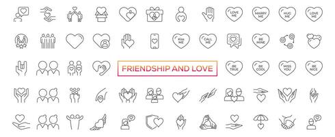 conjunto de ícones de linha vetorial de amizade e amor. relacionamento, compreensão mútua, assistência mútua, interação vetor