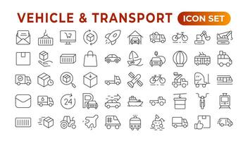 transporte, veículo, e Entrega elementos - mínimo linha fina rede ícone definir. esboço ícones coleção. auto, bicicleta, lambreta, escavadeira, ônibus, cabo, carro, helicóptero. vetor