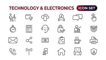 tecnologia e eletrônicos e dispositivos rede ícones dentro linha estilo. dispositivo, telefone, computador portátil, comunicação, Smartphone, comércio eletrônico. vetor ilustração.