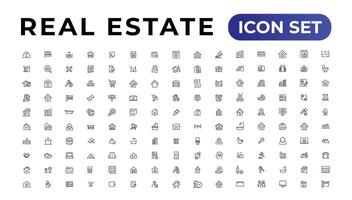 real Estado mínimo fino linha rede ícone definir. incluído a ícones Como realidade, propriedade, hipoteca, casa empréstimo e mais. esboço ícones coleção. vetor