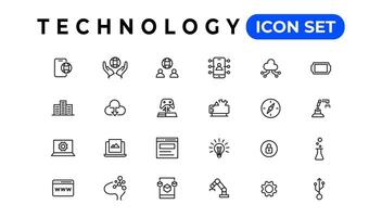 dispositivo e em formação tecnologia linha ícones coleção. grande ui ícone conjunto dentro uma plano Projeto. fino esboço ícones pacote vetor