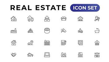 real Estado mínimo fino linha rede ícone definir. incluído a ícones Como realidade, propriedade, hipoteca, casa empréstimo e mais. esboço ícones coleção. vetor