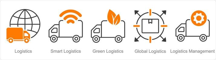 uma conjunto do 5 logística ícones Como logística, inteligente logística, verde logística vetor