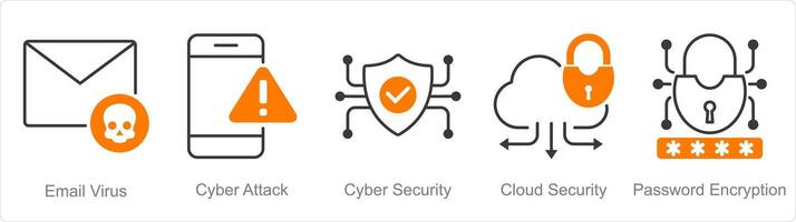 uma conjunto do 5 segurança ícones Como o email vírus, cyber ataque, cibernético segurança vetor