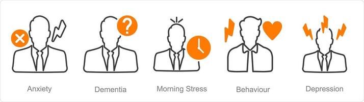 uma conjunto do 5 mental saúde ícones Como ansiedade, demência, manhã estresse vetor