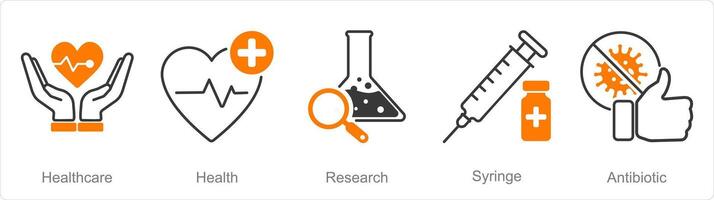 uma conjunto do 5 farmacia ícones Como saúde Cuidado, saúde, pesquisa vetor
